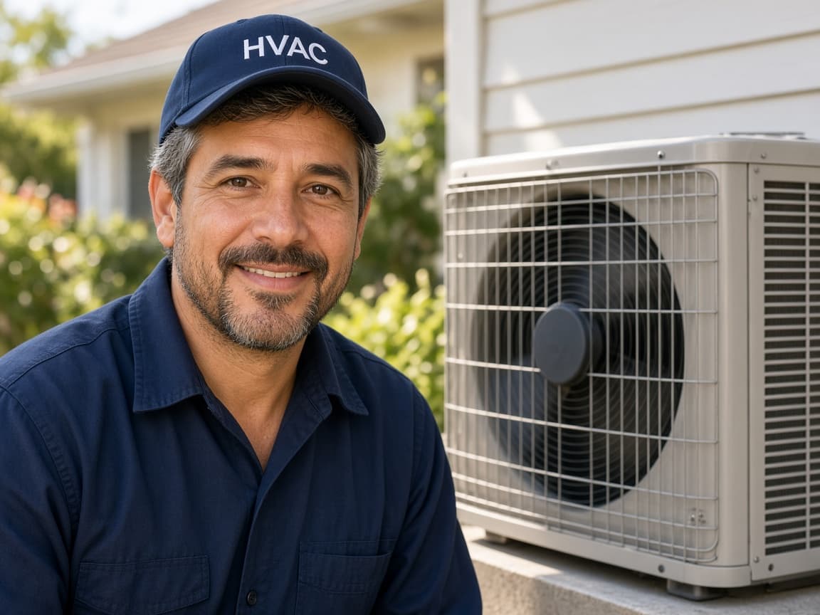 HVAC service professional smiling, ready to help customers